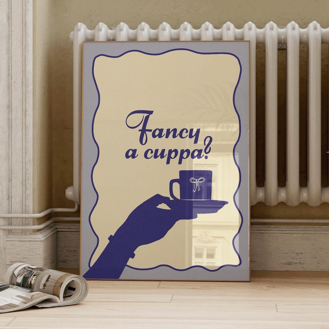 Fancy A Cuppa Tea Poster with Navy Hand Silhouette Holding Teacup