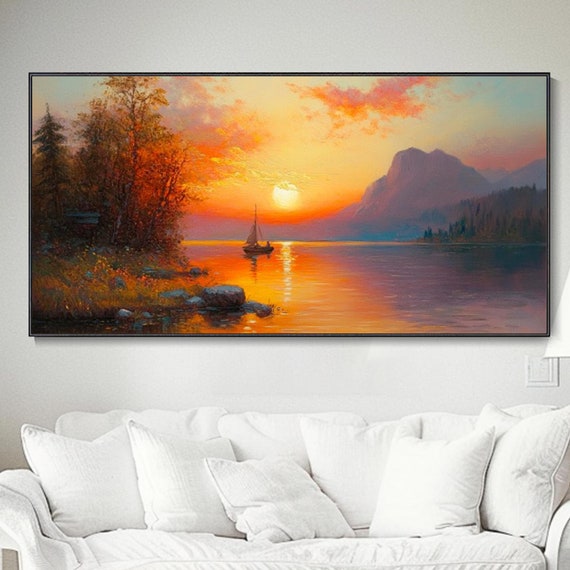 Original Landscape Sunrise Hand Painted Wall Art Living Room Dreamy Serene Lake Series Abstract Vintage Neutral Tones Wabi Sabi Style