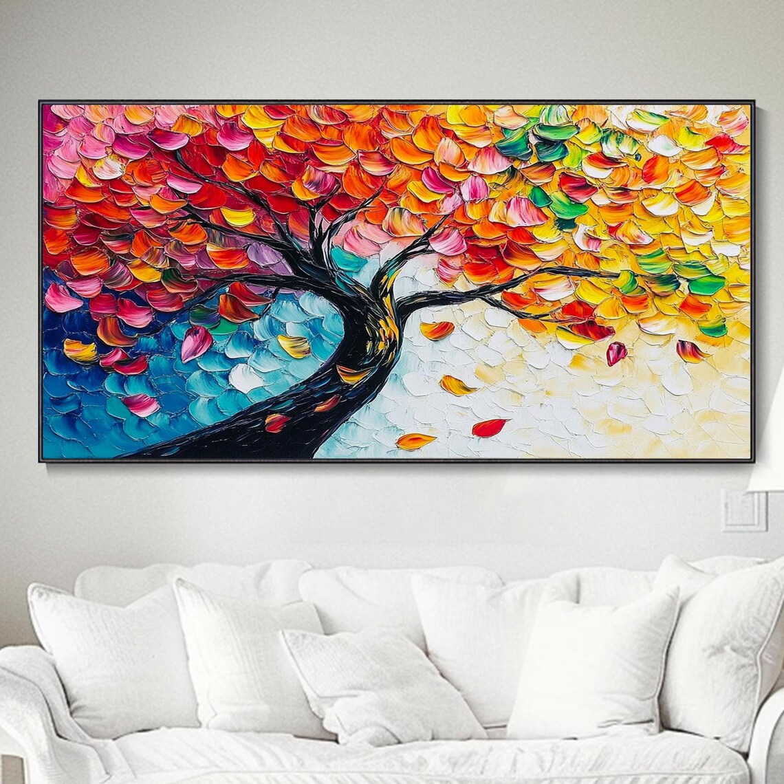 Rainbow Colorful Tree Black Trunk Palette Knife Art Painting Poster