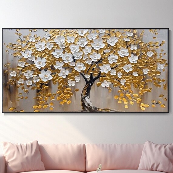 3d Gold Tree Texture Oil Painting Original Landscape Wall Art Fashion Plant Artwork Living Room Bedroom Wall Decor Oversized Abstract