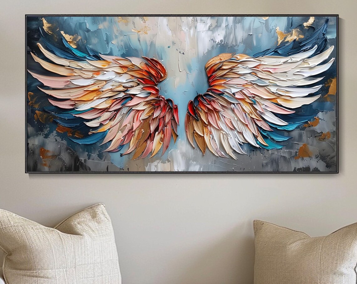 Colorful Angel Wings Red Blue Gold Feathers 3D Impasto Textured Art Wall Poster