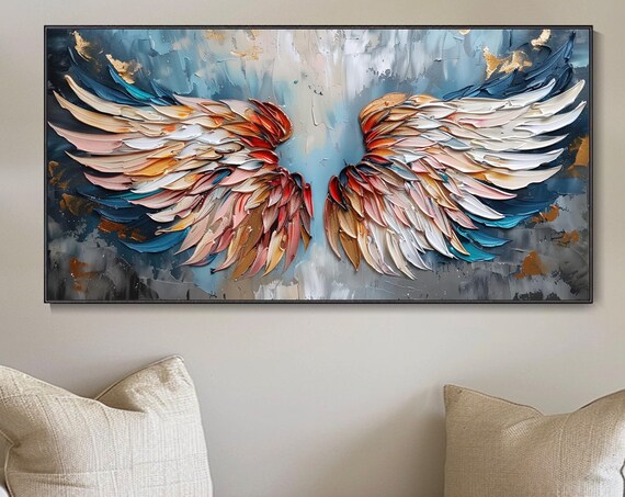 Colorful Angel Wings Red Blue Gold Feathers 3D Impasto Textured Art Wall Poster