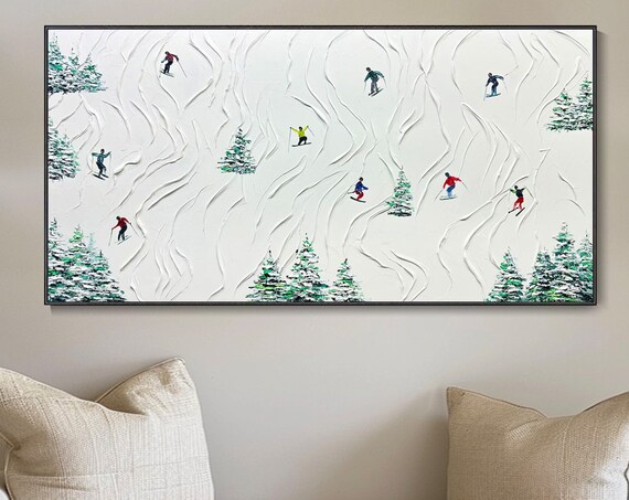 Original Ski Sport Painting On Custom Painting Texture Wall Art Personalized Gift Skier On Snowy Mountain Art White Snow Skiing Art