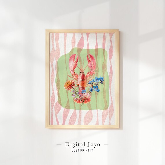 Bright Pink Lobster Flowers Coastal Watercolor Stripe Art Print