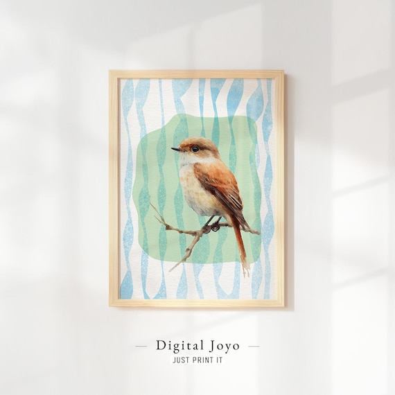 Perched Songbird Branch Mint Waves Whimsical Nursery Bird Poster