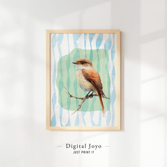 Perched Songbird On Mint Waves Whimsical Nursery Art