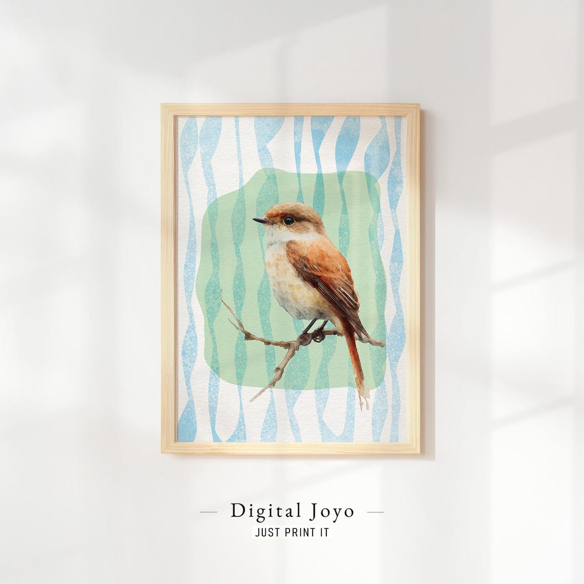 Perched Songbird On Mint Waves Whimsical Nursery Art