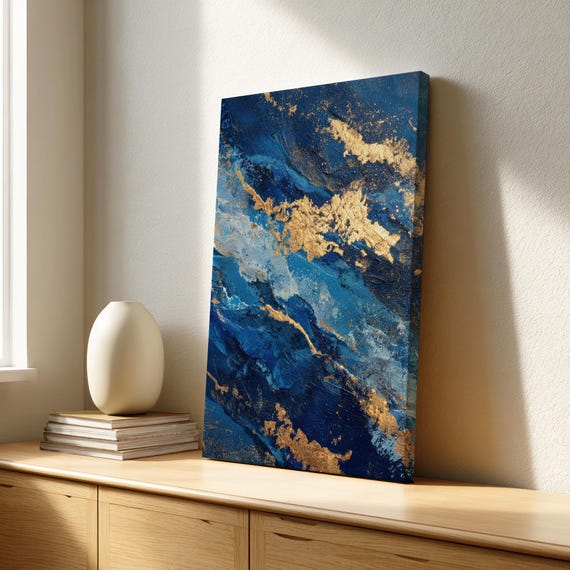 Abstract Blue Gold Canvas Art Modern Home Decor