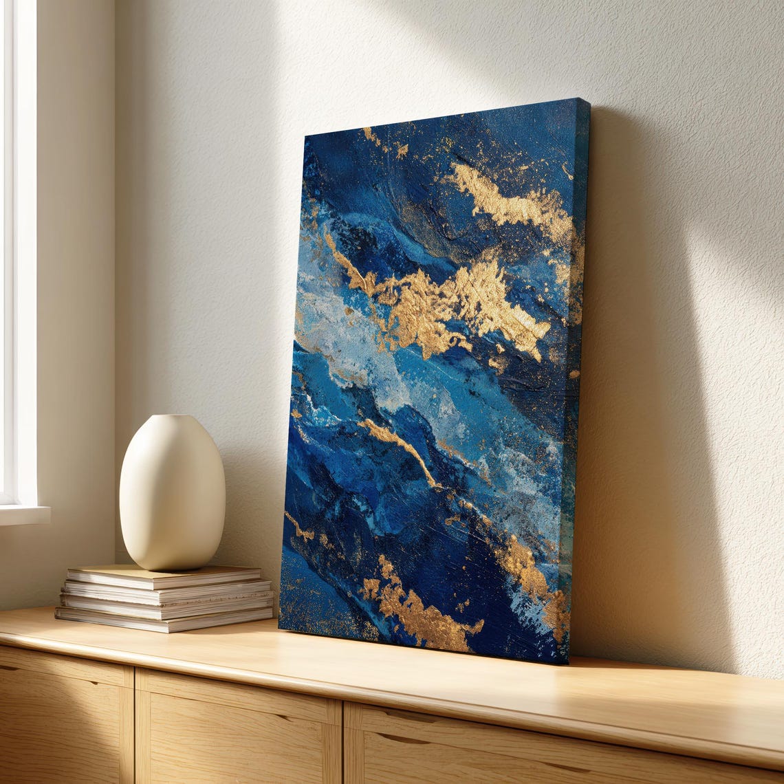 Abstract Blue Gold Canvas Art Modern Home Decor