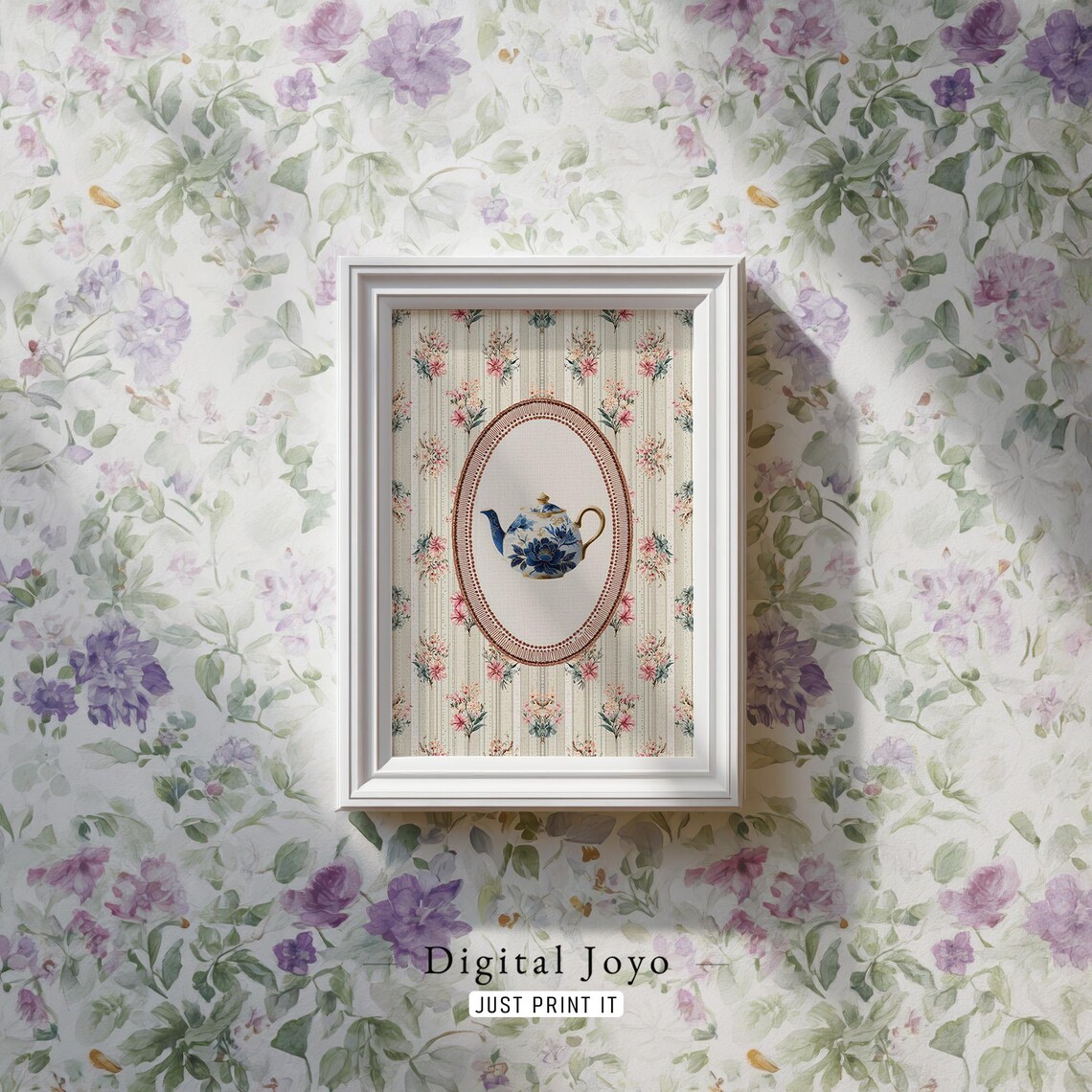 Blue Floral Porcelain Teapot Oval Framed Vintage Kitchen Wall Art