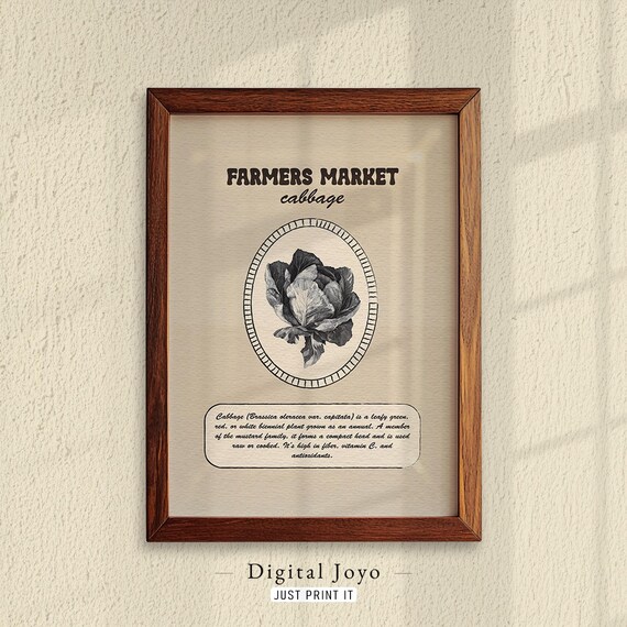 Cabbage Farmers Market Print Neutral Kitchen Garden Decor
