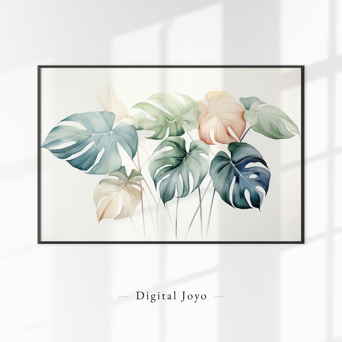 Watercolor Monstera Leaves Blue Green Botanical Tropical Wall Art