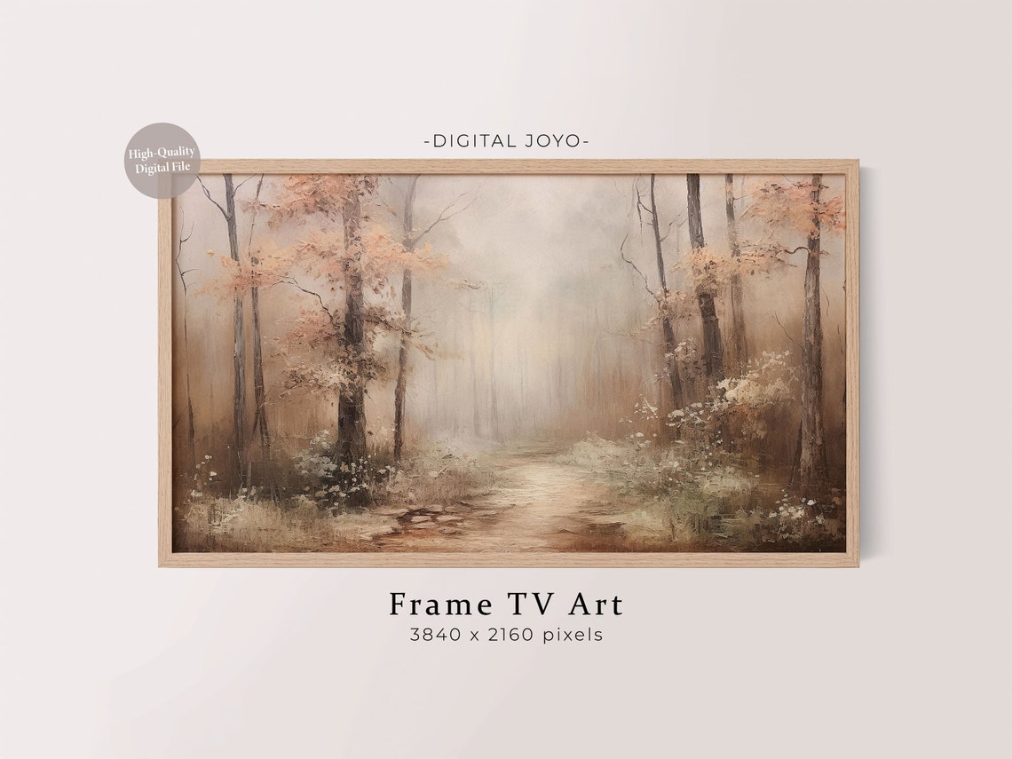 Misty Vintage Autumn Forest Tall Trees Painting Frame TV Art Poster