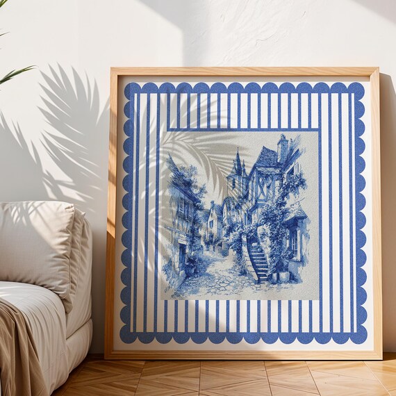 Blue Toile Village Street Scene Striped Scalloped French Poster