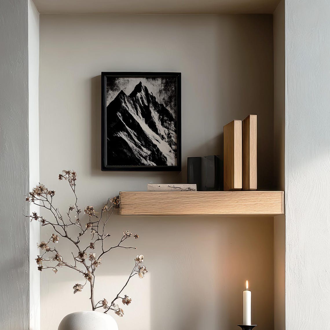 Dark Mountain Peak Abstract Wall Art Black And White Poster