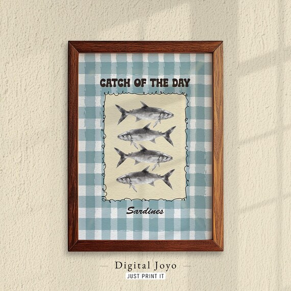 Catch of the Day Sardines Blue Gingham Vintage Kitchen Wall Poster