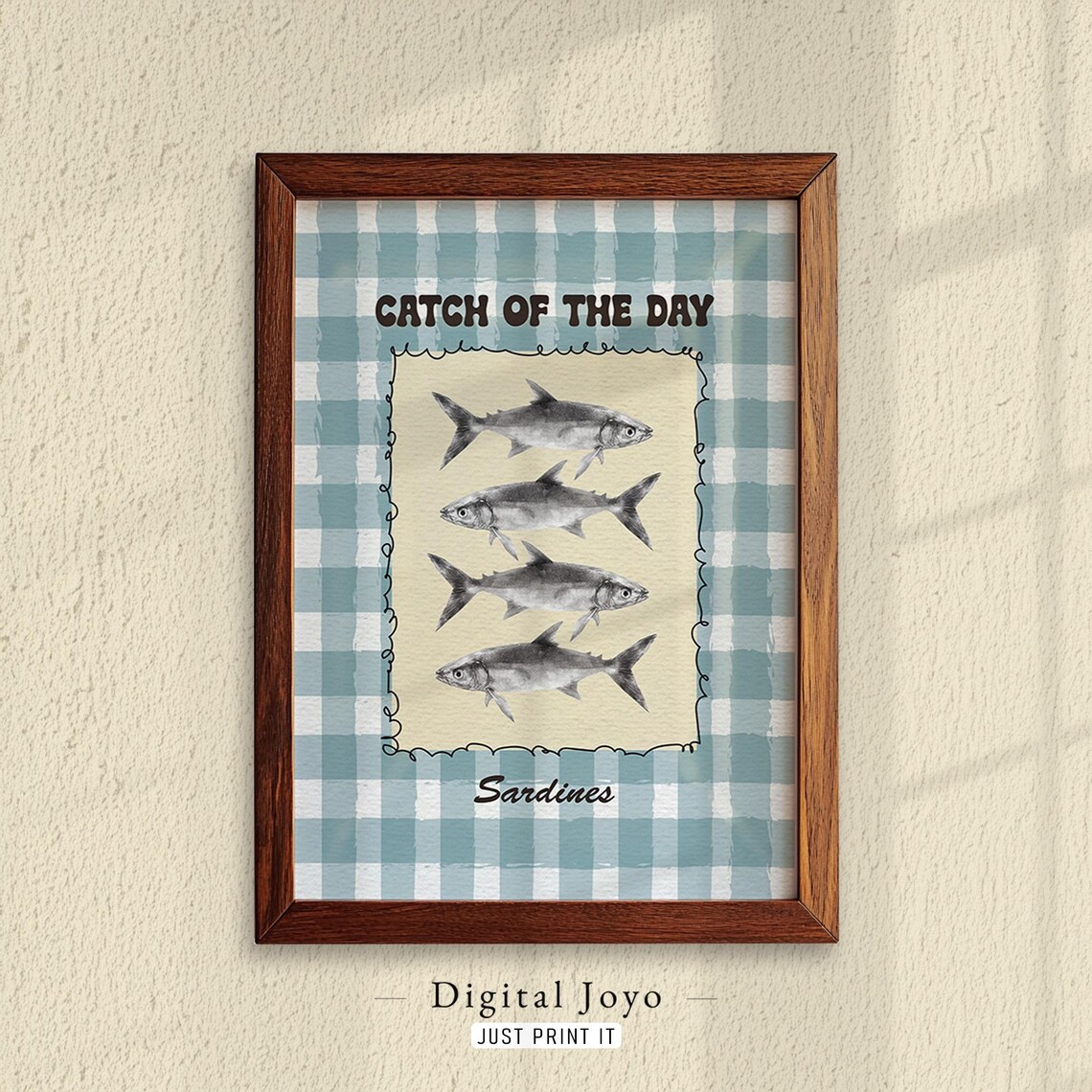 Catch of the Day Sardines Blue Gingham Vintage Kitchen Wall Poster