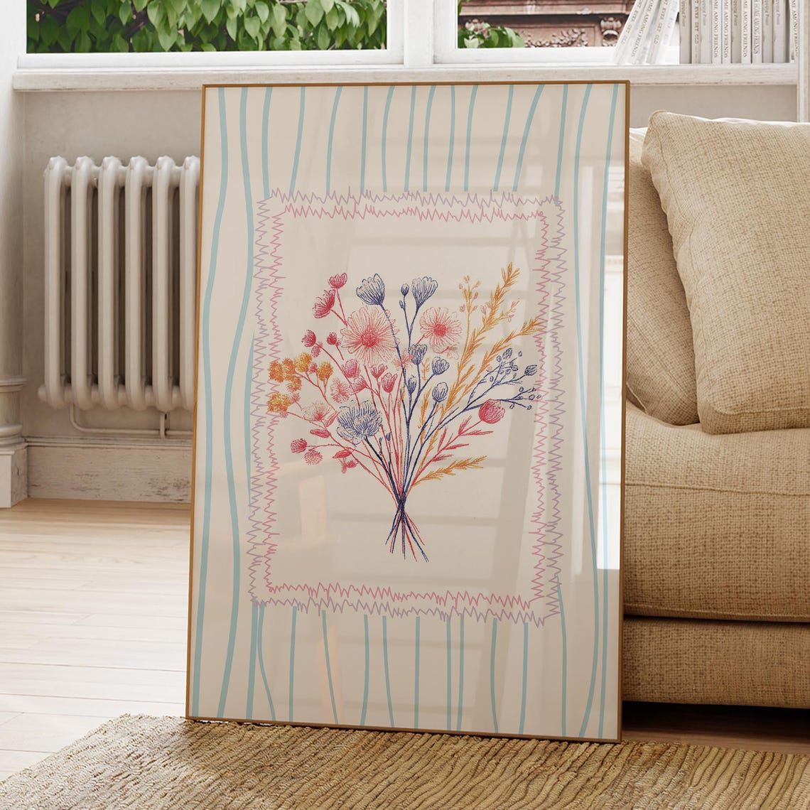 Red Blue Floral Doodle Bouquet Hand Drawn Botanical Nursery Art Print