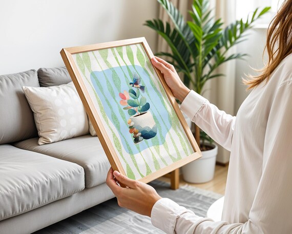 Songbird Potted Plant Watercolor Whimsical Nursery Decor Poster