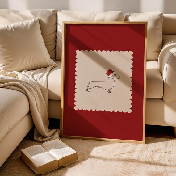 Red Dachshund Christmas Poster Cute Dog Holiday Art Print