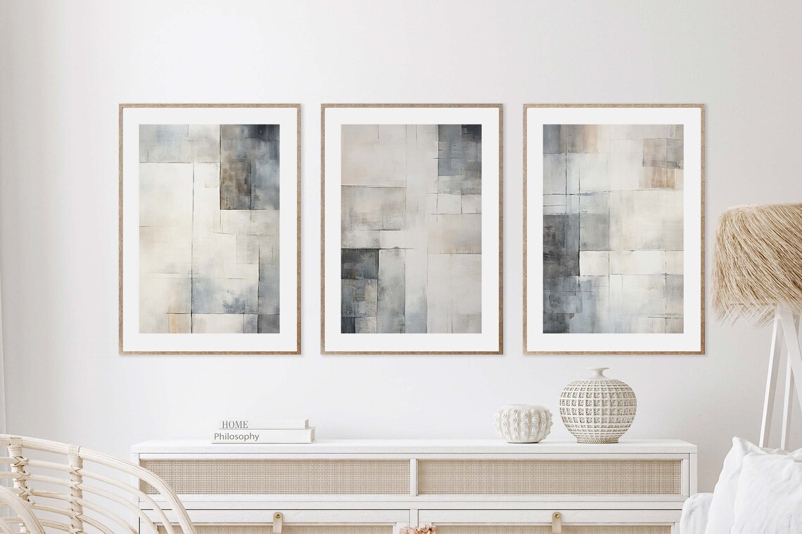 Abstract Watercolor Print Set, Neutral Grey Beige