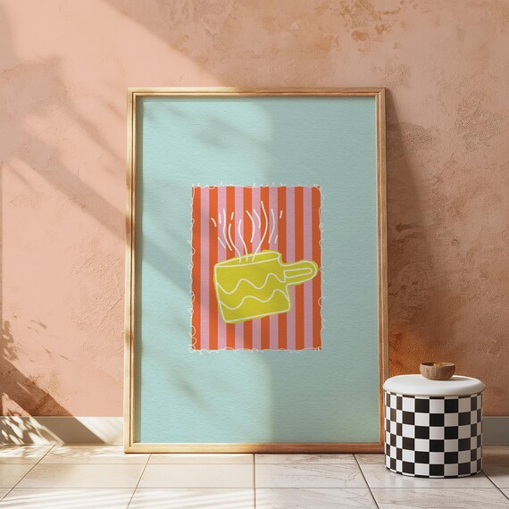 Steaming Yellow Coffee Mug on Bold Striped Kitchen Art Print