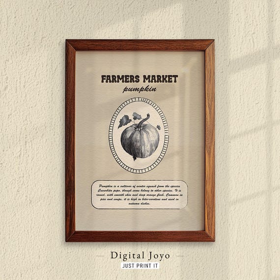 Farmers Market Pumpkin Wall Art Vintage Vegetable Banner Neutral Fall Decor Instant