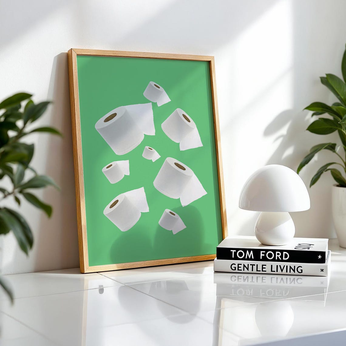 Emerald Green Floating Toilet Paper Rolls Fun Bathroom Poster
