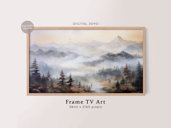 Misty Mountain Pine Forest Landscape Painting Foggy Autumn Frame TV Art Poster