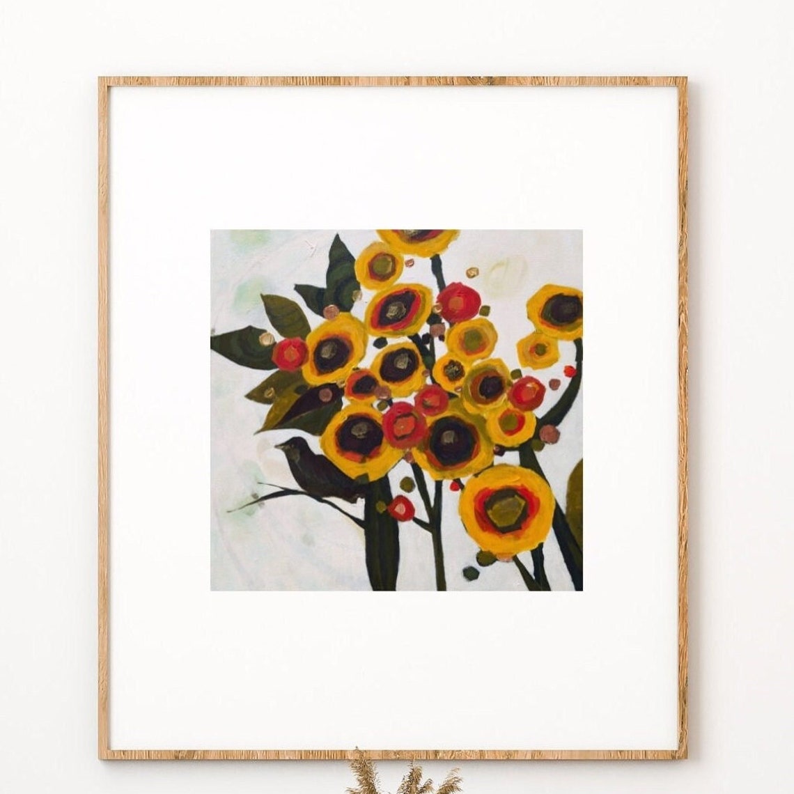 Yellow Abstract Sunflower Blooms with Small Black Bird Art Poster