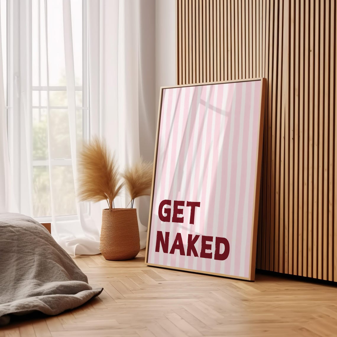 Get Naked Funny Bathroom Quote Red Lettering Pink Striped Wall Art - Image 3