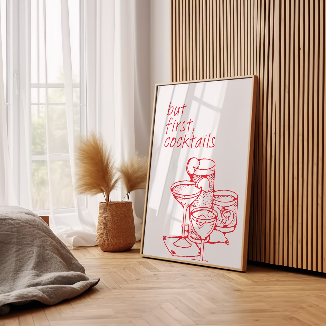 But First Cocktails Red Line Art Cocktail Glasses Bar Cart Art Poster - Image 3