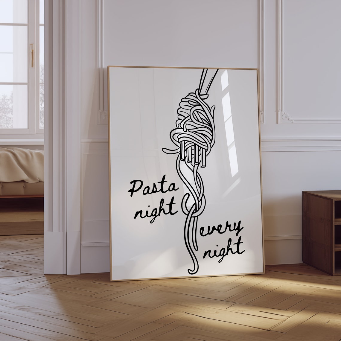 Pasta Night Every Night Fork Spaghetti Line Art Trendy Kitchen Poster