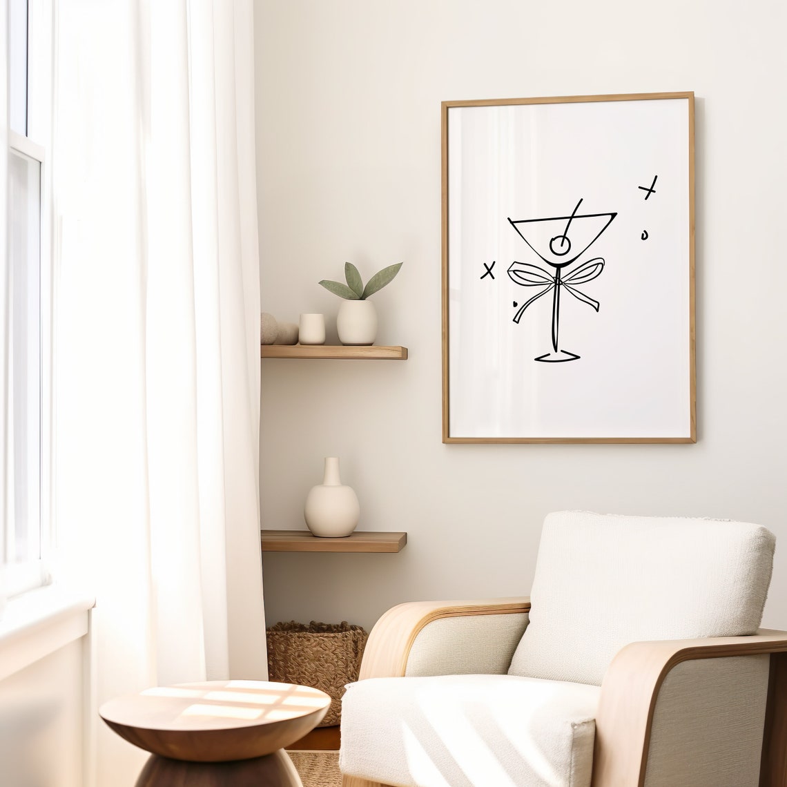 Minimalist Martini Glass Bow Line Drawing Black White Poster - Image 2