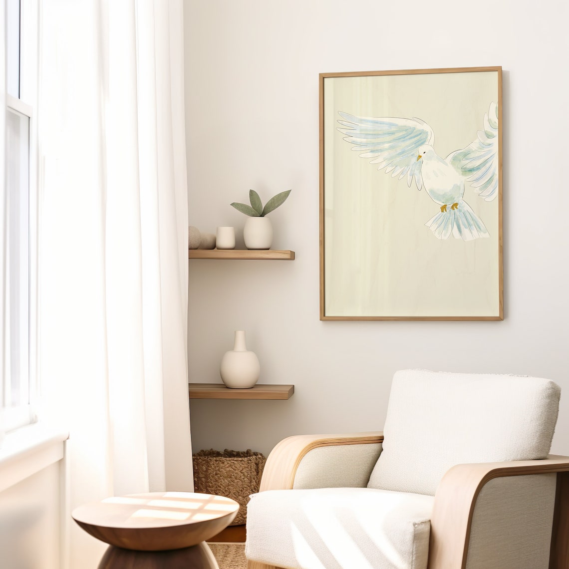 White Dove Watercolor Pale Blue Flying Bird Peaceful Art Poster - Image 2