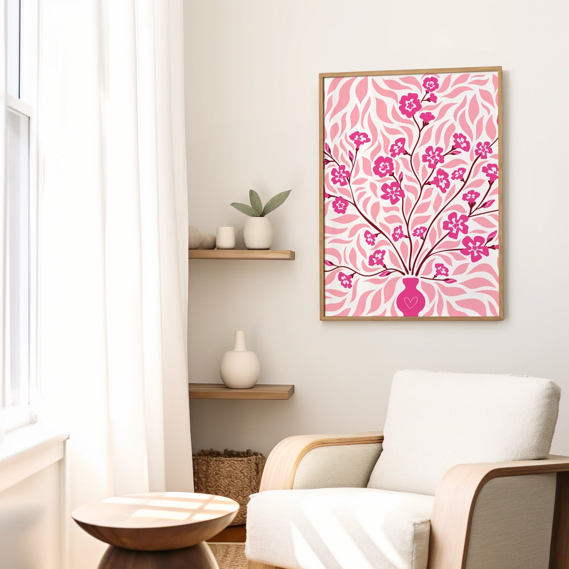 Pink Cherry Blossom Botanical Vase With Heart Retro Floral Wall Art - Image 2