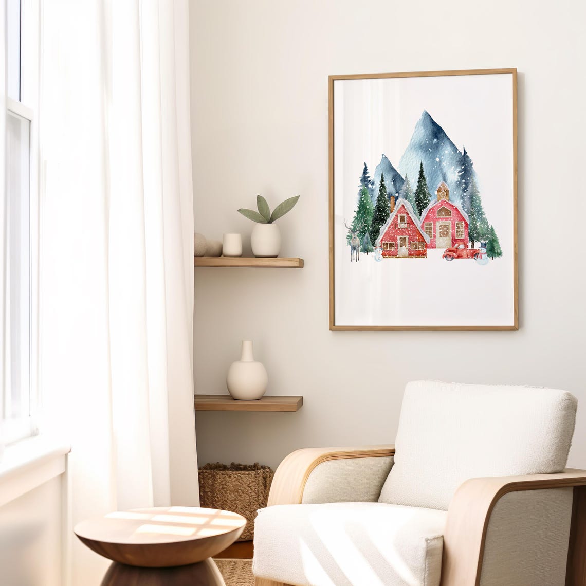 Snowy Red Cabins Watercolor Winter Village Poster Mountain Scene Art - Image 2