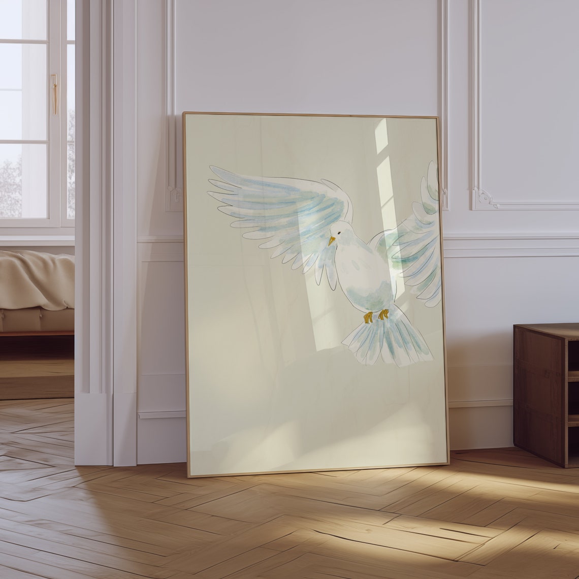 White Dove Watercolor Pale Blue Flying Bird Peaceful Art Poster