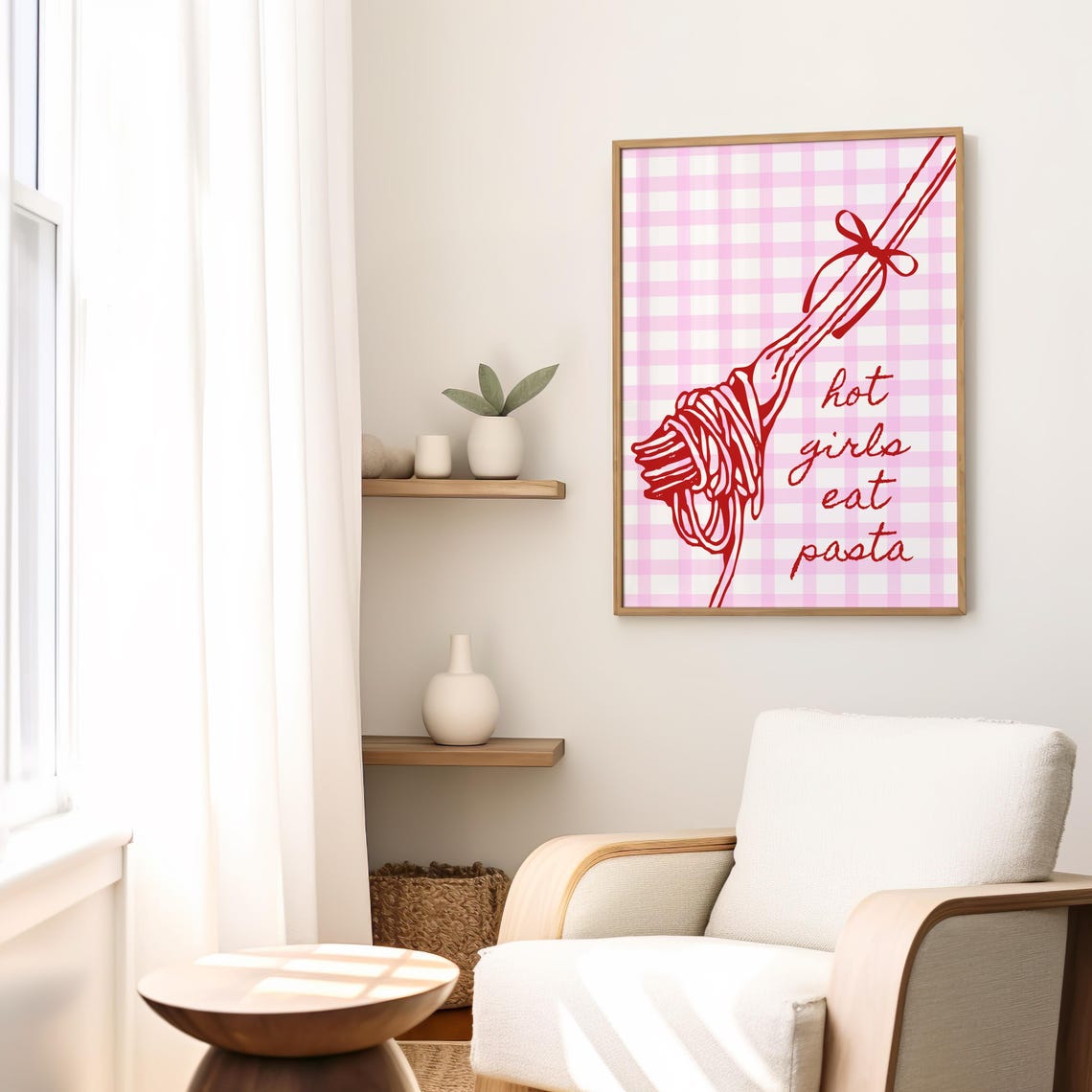 Hot Girls Eat Pasta Red Script Quote Pink Gingham Kitchen Poster - Image 3