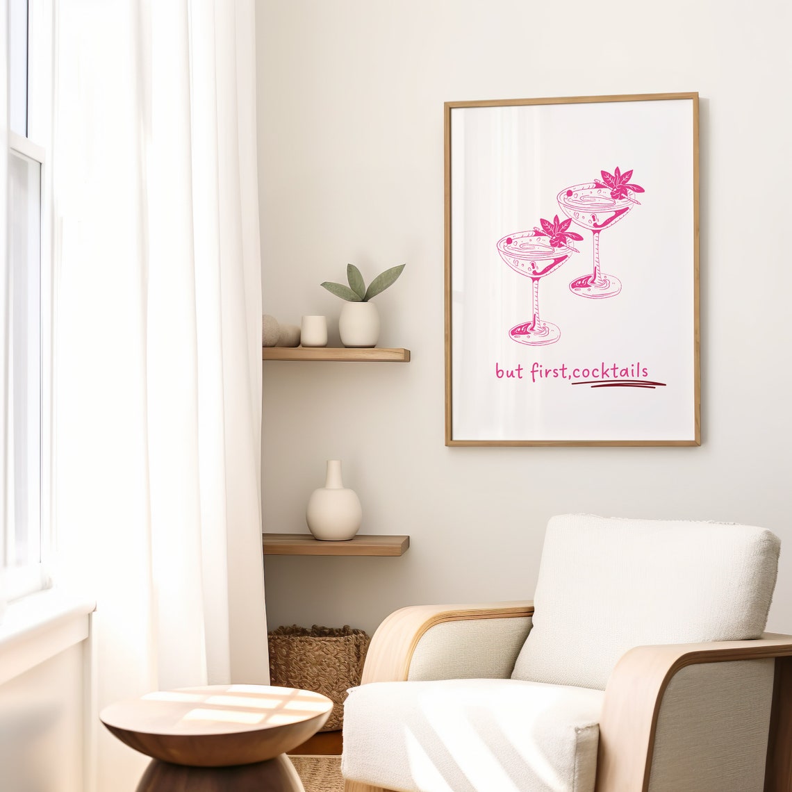 But First Cocktails Pink Martini Glasses Line Art Bar Cart Poster - Image 3