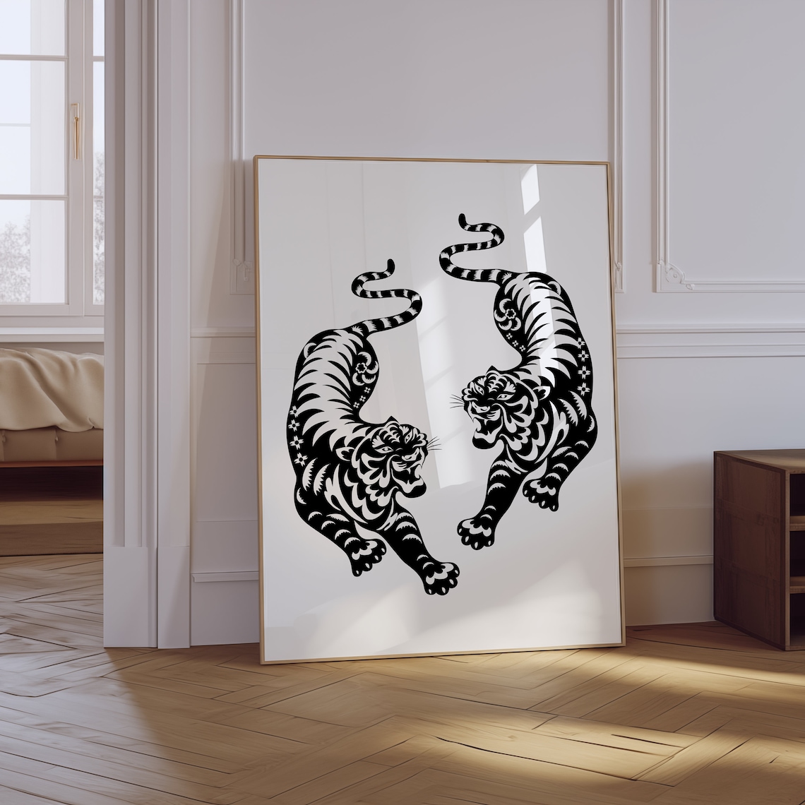 Black and White Dual Tiger Yin Yang Bold Minimalist Art Poster
