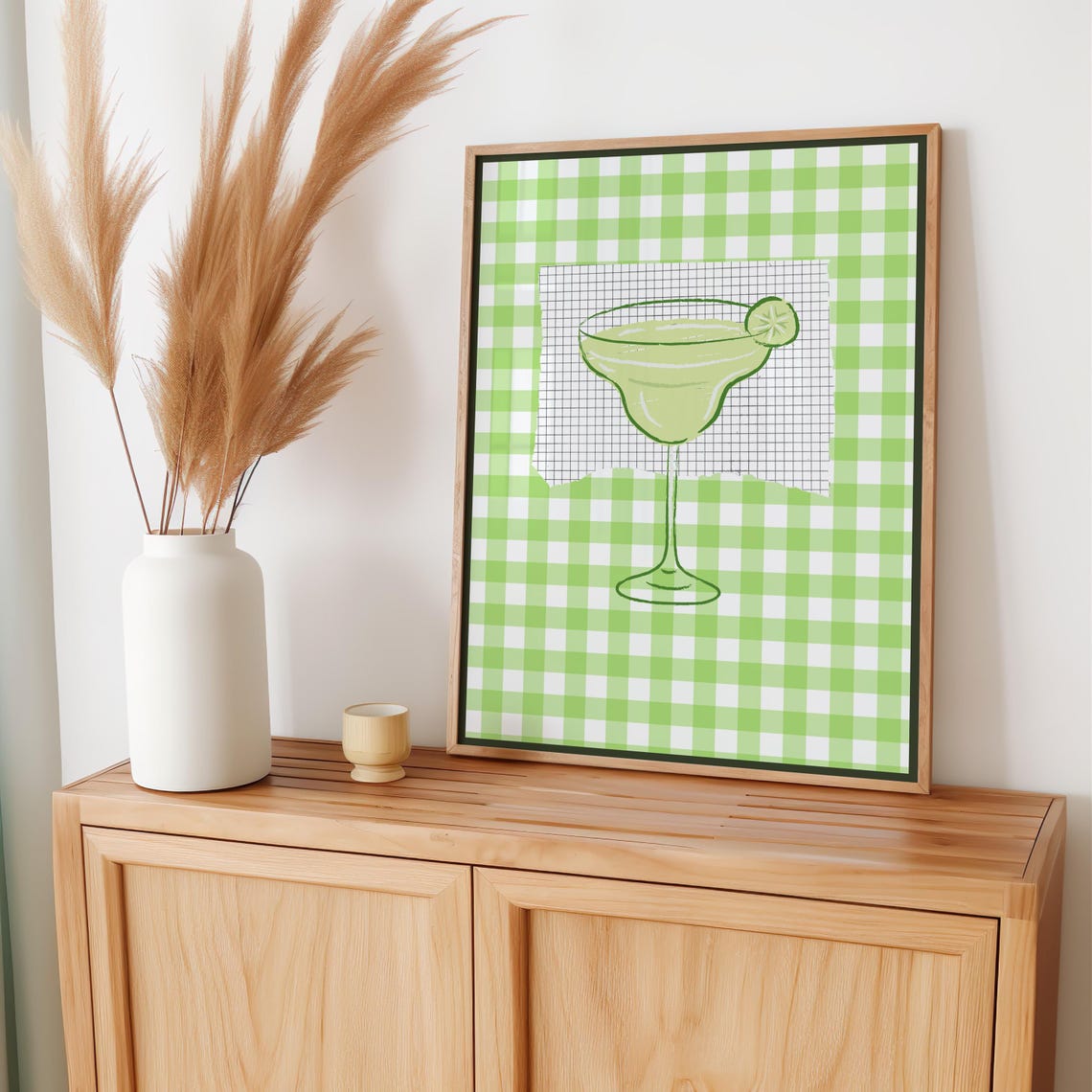 Lime Margarita Cocktail Watercolor Green Gingham Bar Cart Poster - Image 2