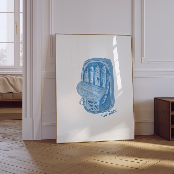 Sardines Print Retro Kitchen Sardines Poster Retro Hand Drawn Poster Trendy Blue Food Print Seafood Poster Fish Print