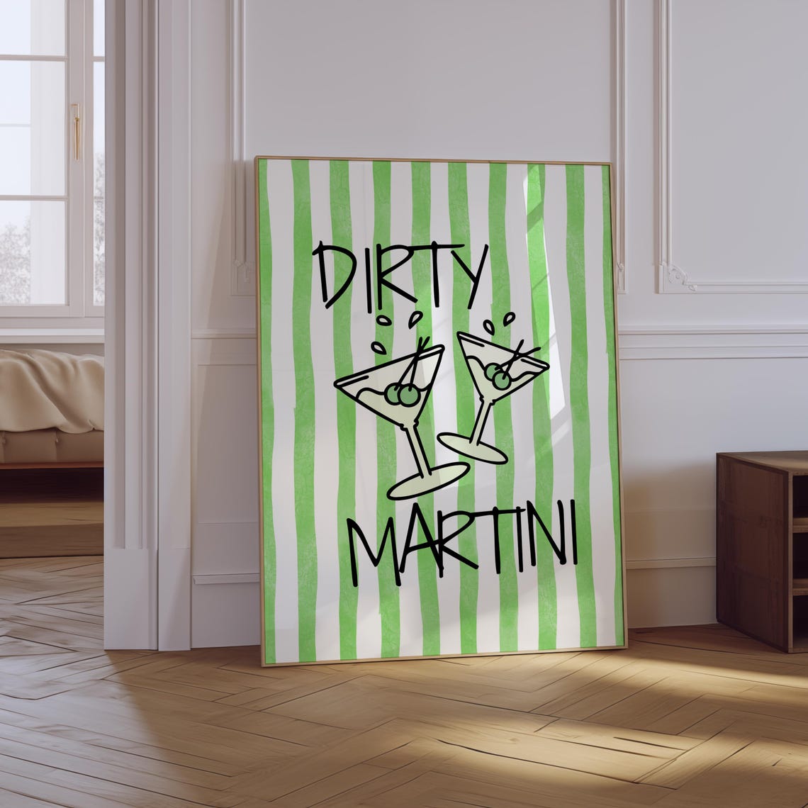 Dirty Martini Green Stripe Bold Typography Cocktail Bar Cart Poster