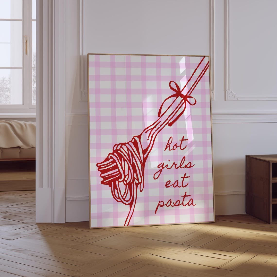 Hot Girls Eat Pasta Red Script Quote Pink Gingham Kitchen Poster