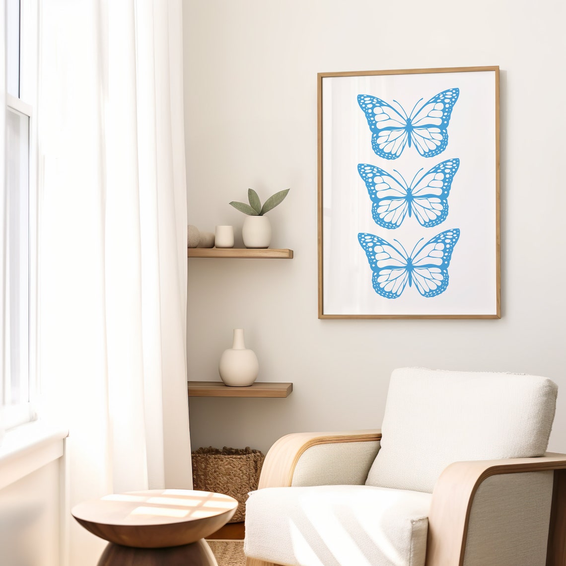 Blue Triple Butterfly Line Art Minimalist Trendy Wall Decor Poster - Image 2