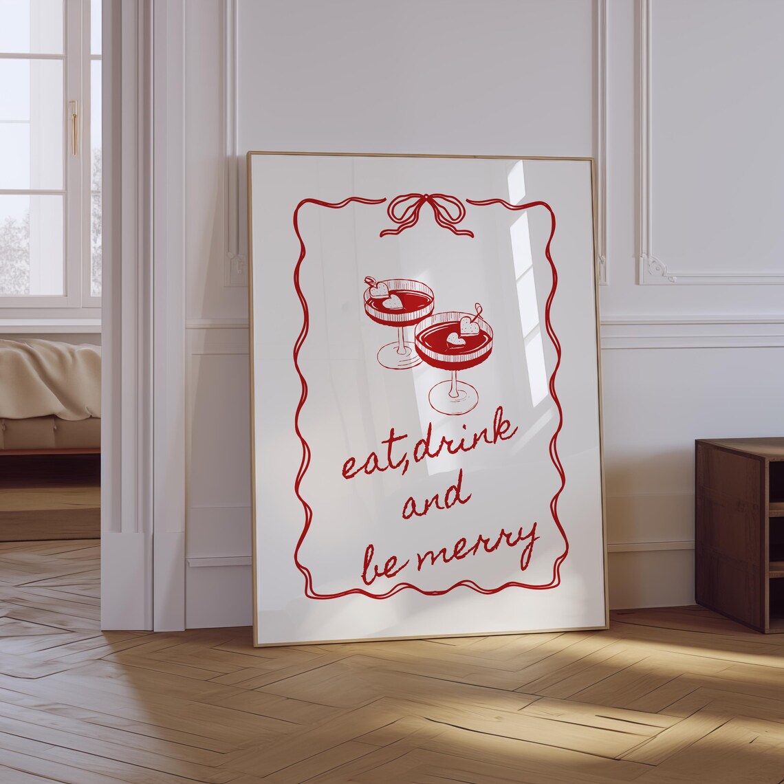 Eat Drink and Be Merry Trendy Holiday Cocktail Bar Cart Wall Art - Image 2