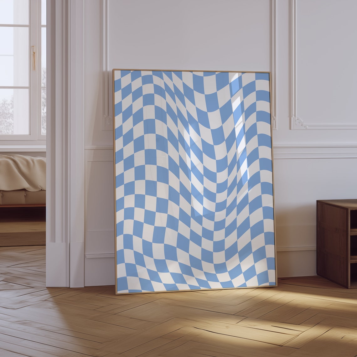 Blue White Wavy Checkered Pattern Retro Optical Illusion Wall Art