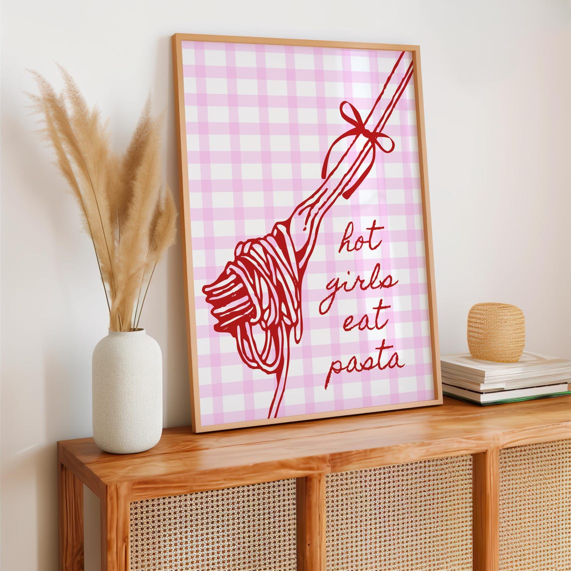 Hot Girls Eat Pasta Red Script Quote Pink Gingham Kitchen Poster - Image 2