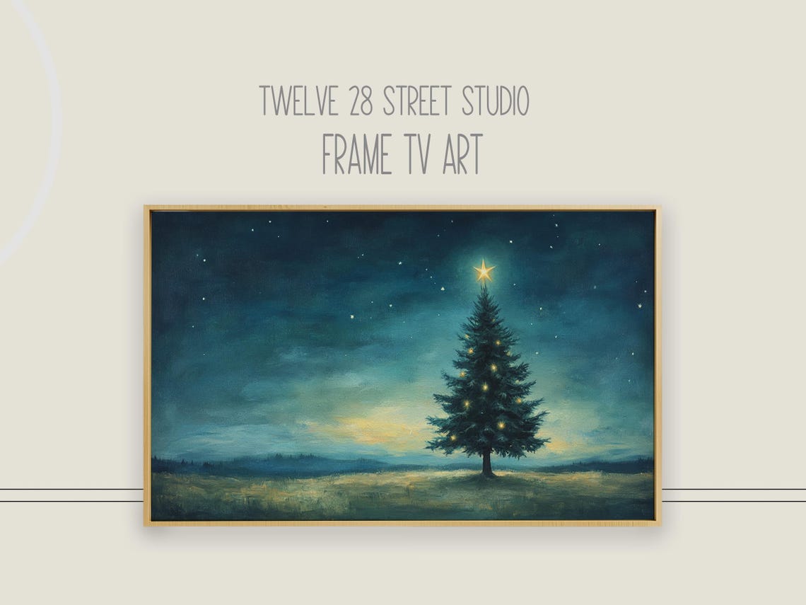 Lone Christmas Tree Starry Night Field Glowing Star Holiday Art Poster